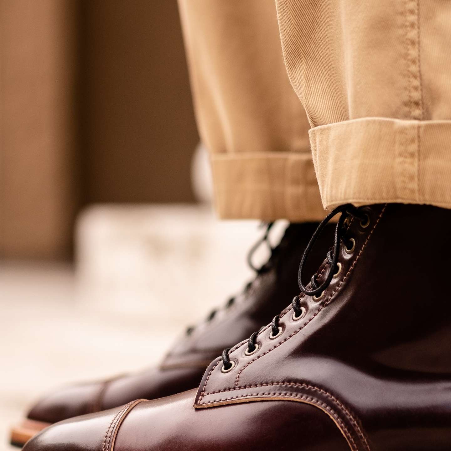 Burgundy Tuscan Shell Cordovan Cap-Toe Lakeshore Boot - Detail Image One