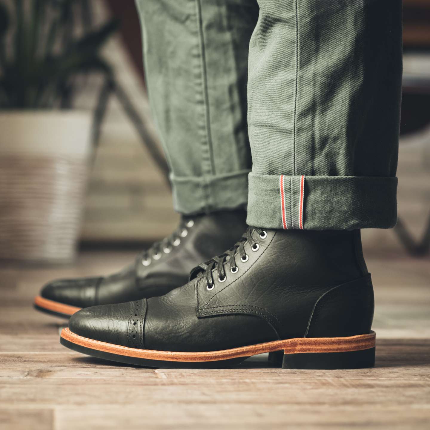 Black Oiled Congo Shrunken Bison Cap-Toe Trench Boot - Detail Image One
