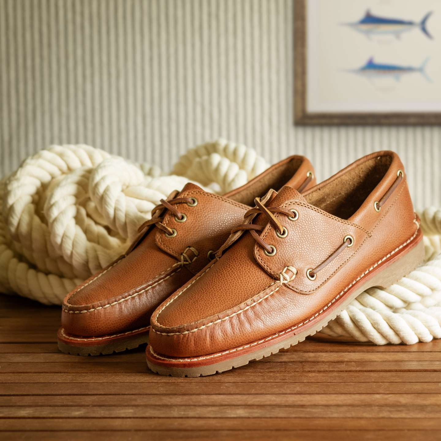 Tan Glacé Latigo Triple Crown Boat Shoe - Detail Image One