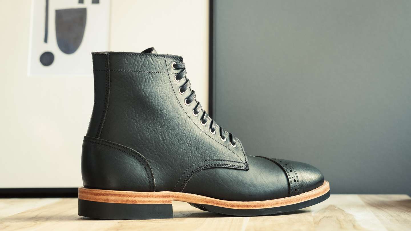 Black Oiled Congo Shrunken Bison Cap-Toe Trench Boot - Detail Image Three