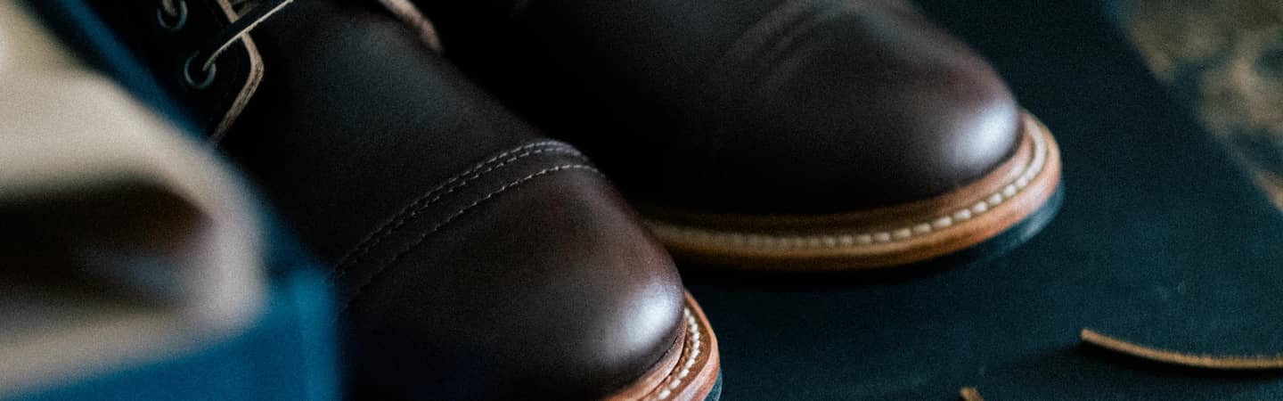 A close-up of Oak Street Bootmakers boots with Goodyear Storm Welt
