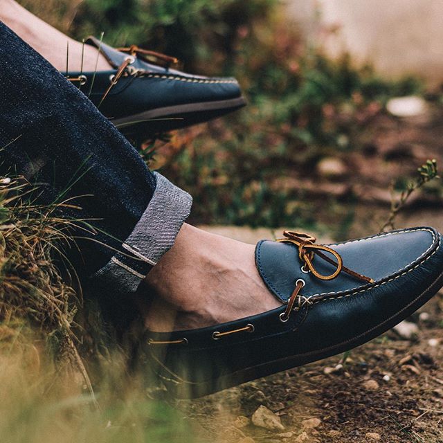 Oak Street Bootmakers Camp Mocs in Navy Chromexcel being worn at the beach