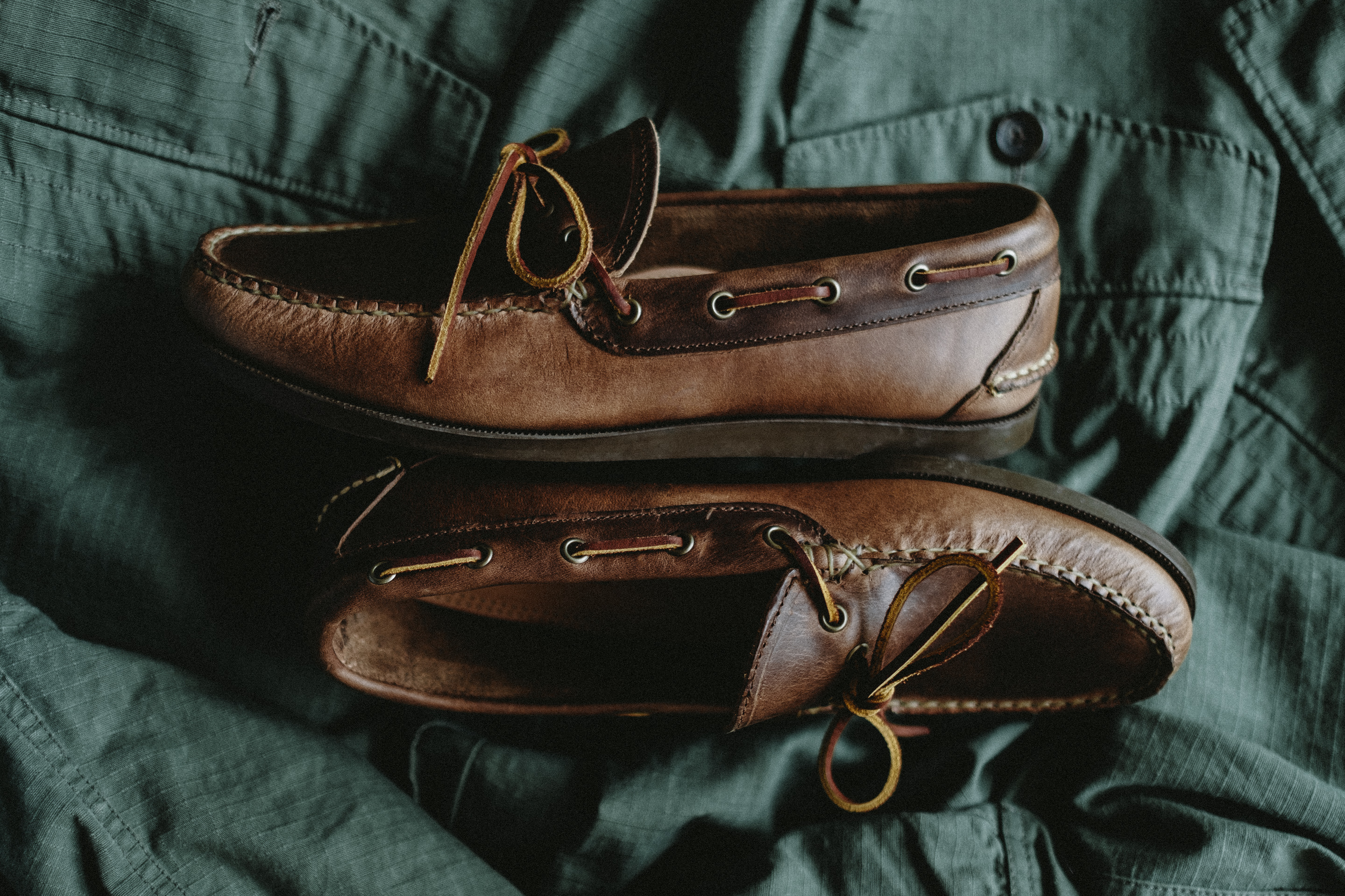 A Camp Moc in Horween Natural Chromexcel leather handsewn by Oak Street Bootmakers